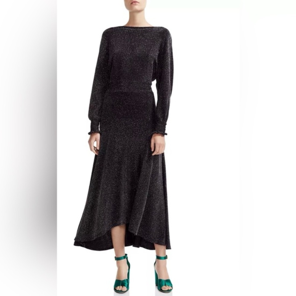 Maje Rio Metallic V Back long sleeve Midi Dress  black multicolor sparkle 1 S